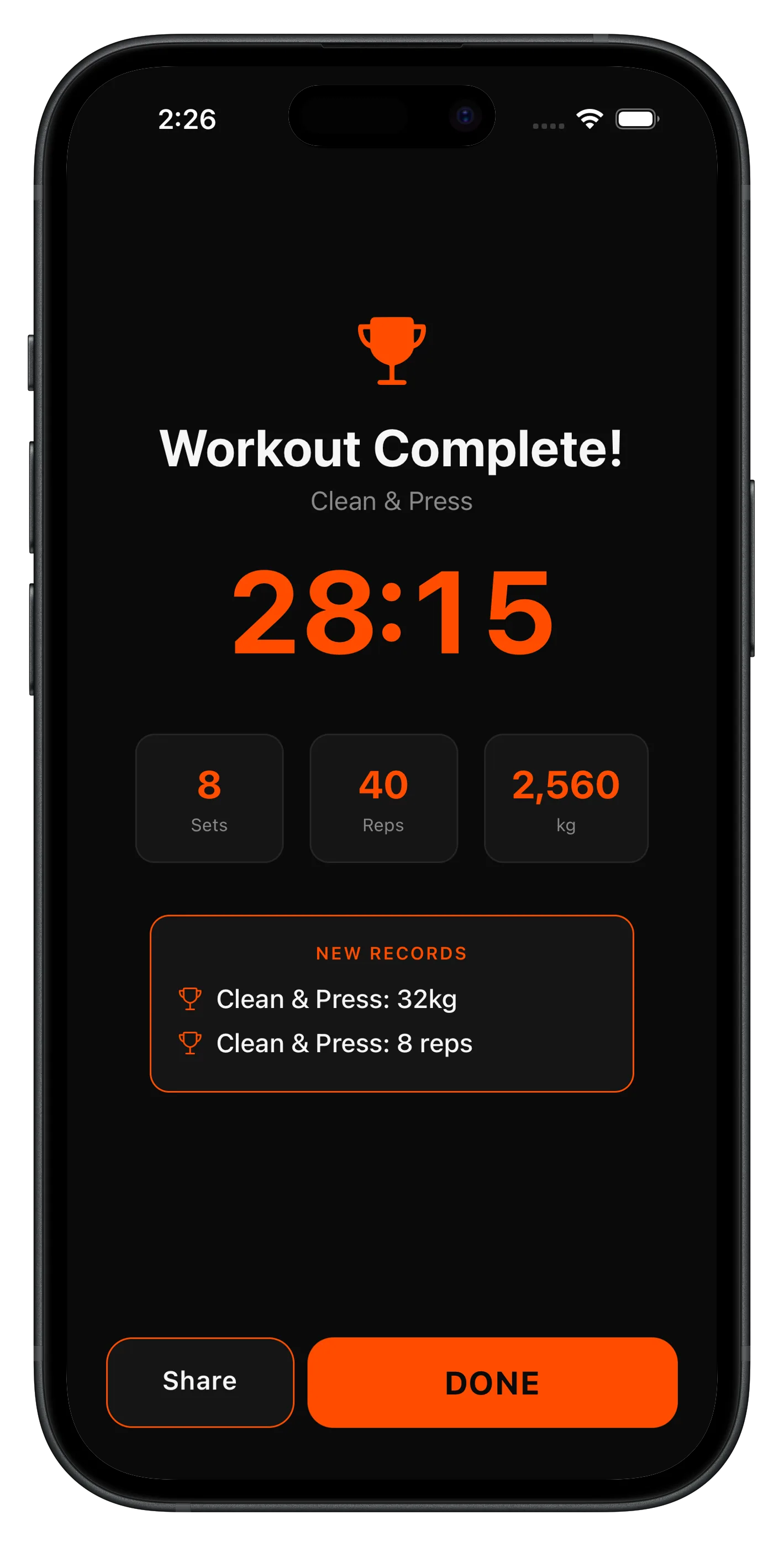 Kettlebell Protocol workout summary with a new personal record