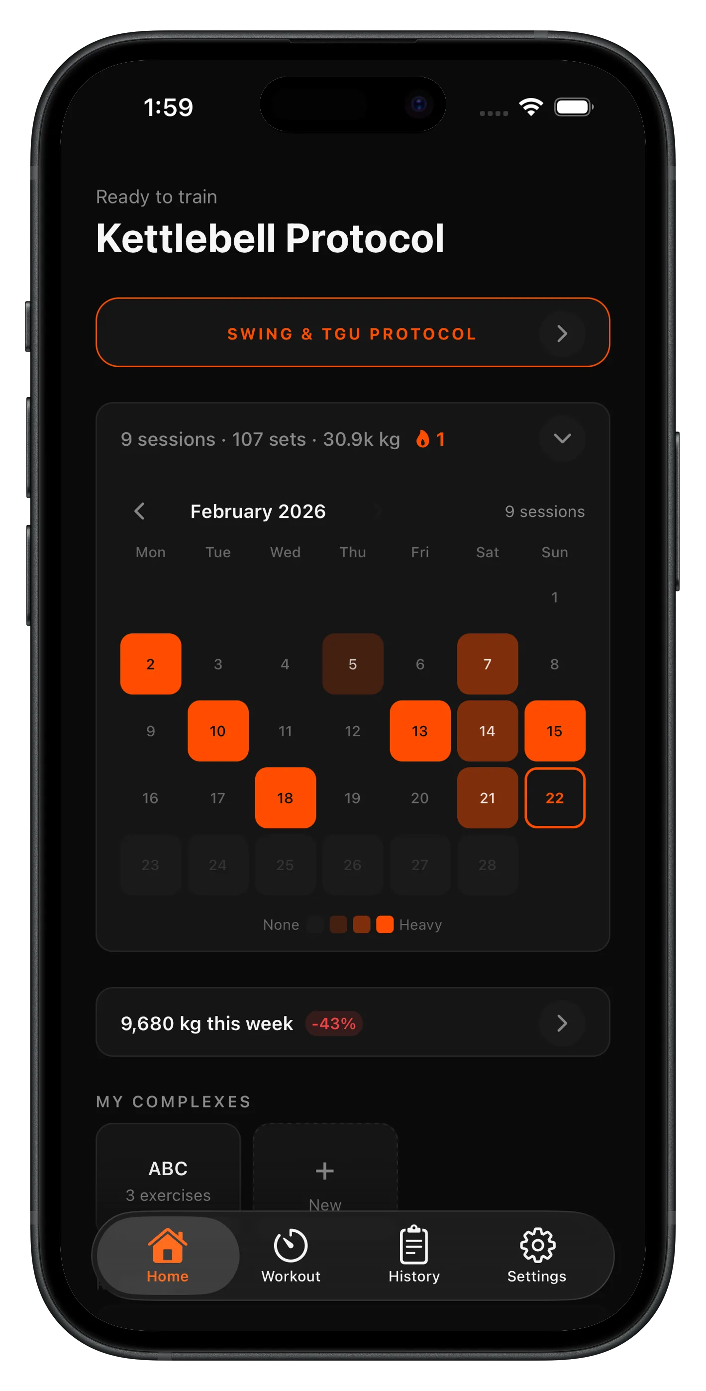 Kettlebell Protocol home screen with training heatmap and current streak