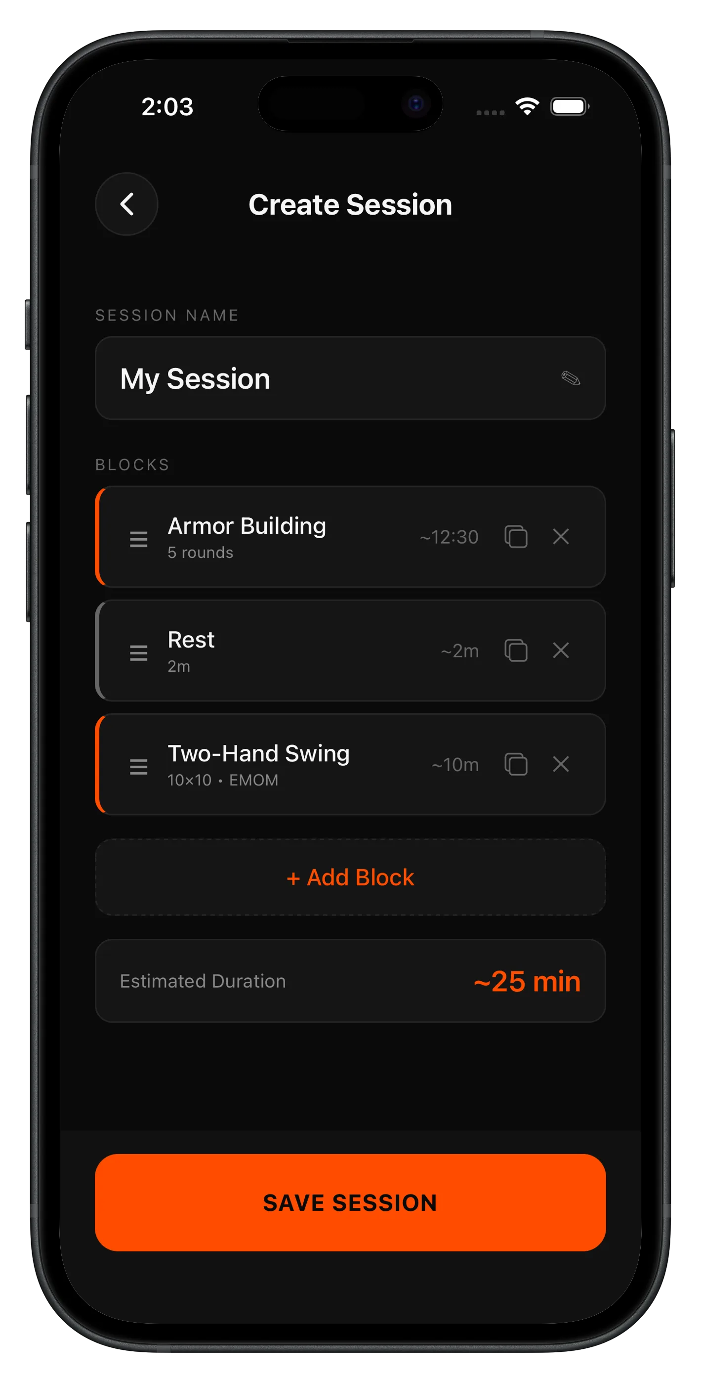 Kettlebell Protocol Session Builder with ordered workout blocks